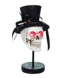 Resin 11in White Halloween Light Up Glitter Top Hat Skull Home